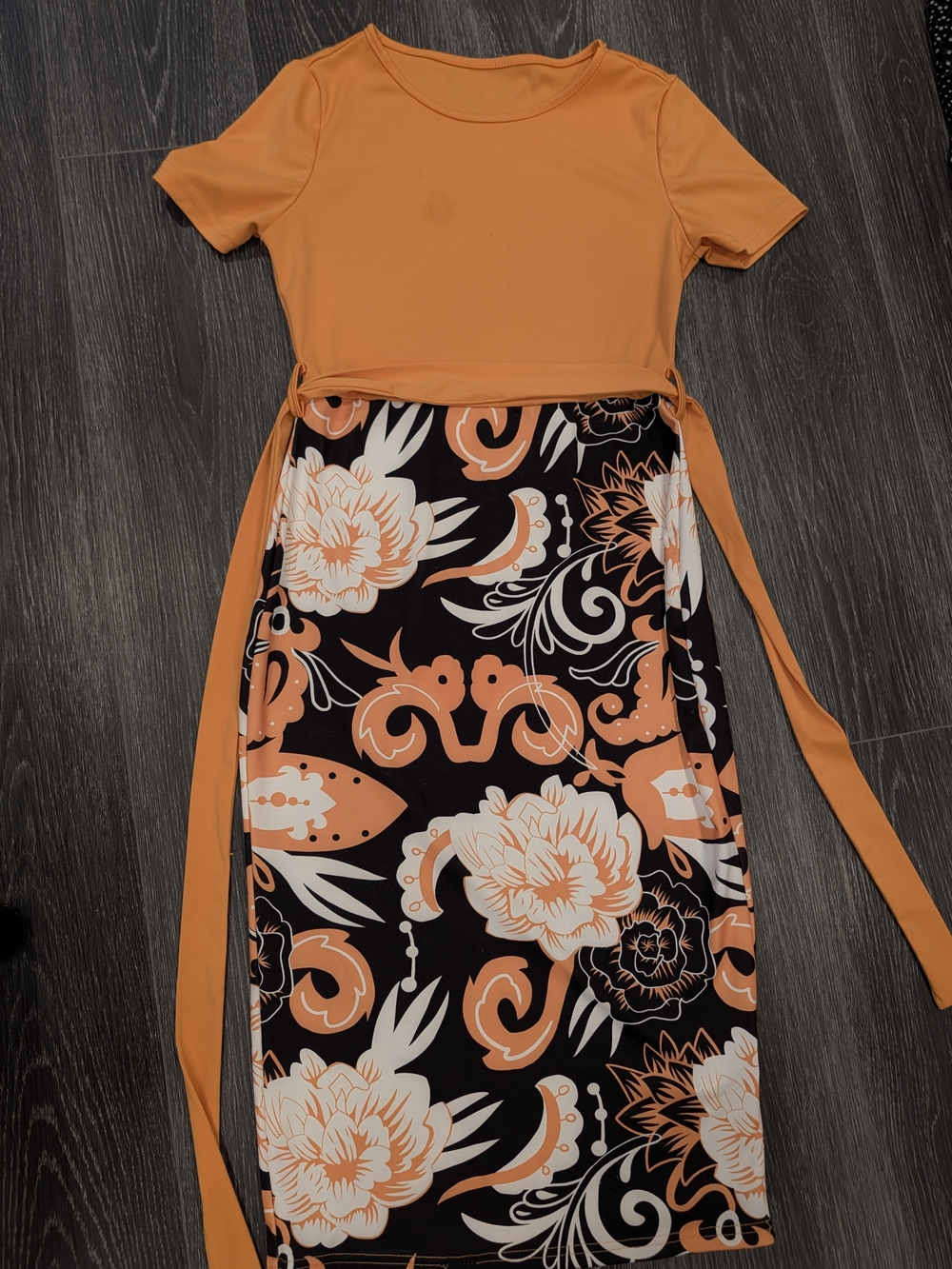 Orange Floral Tie-Waist Midi Dress